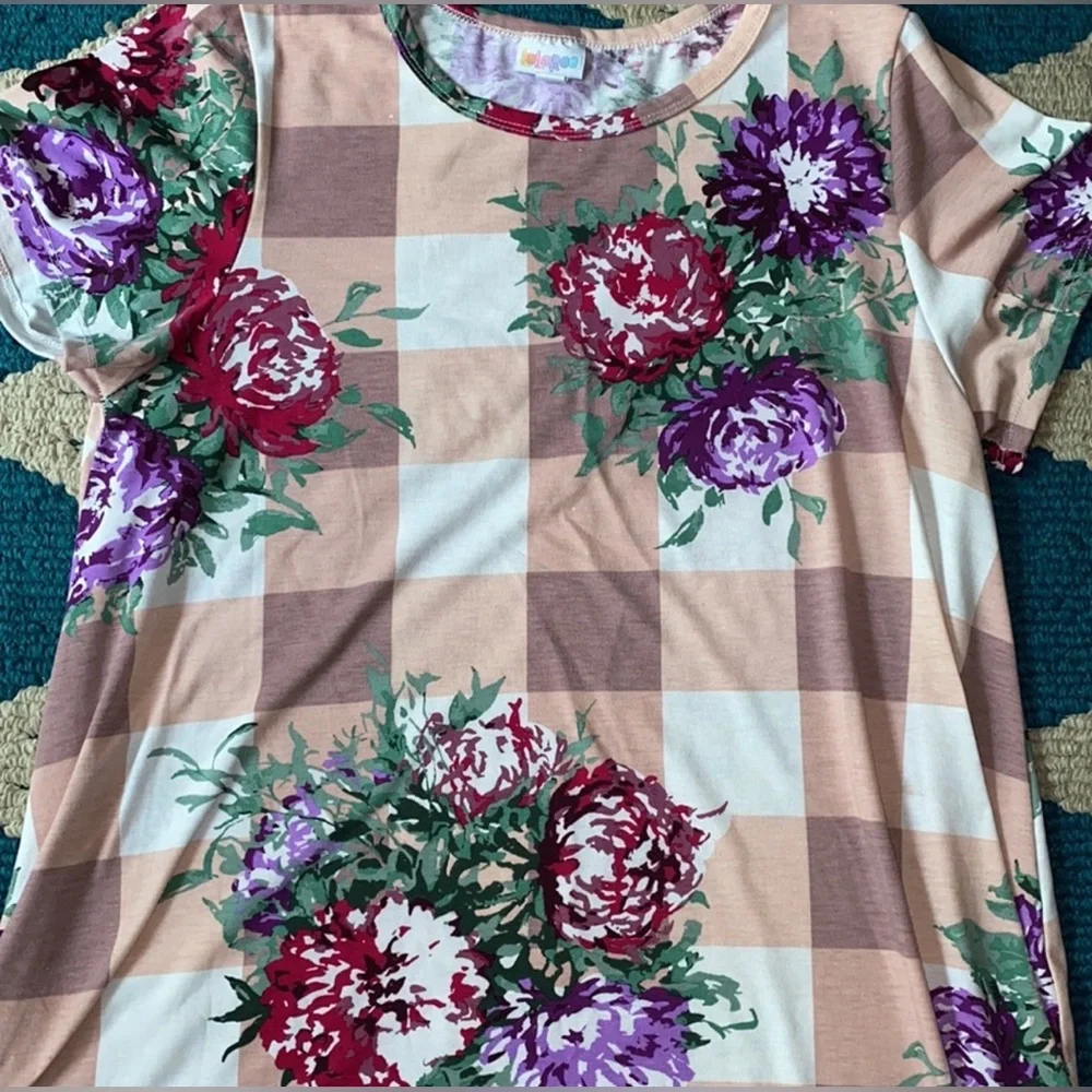 LuLaRoe Floral Checkered Carly Dress - Brown, Purple, Green Sz L - Picture 5 of 10
